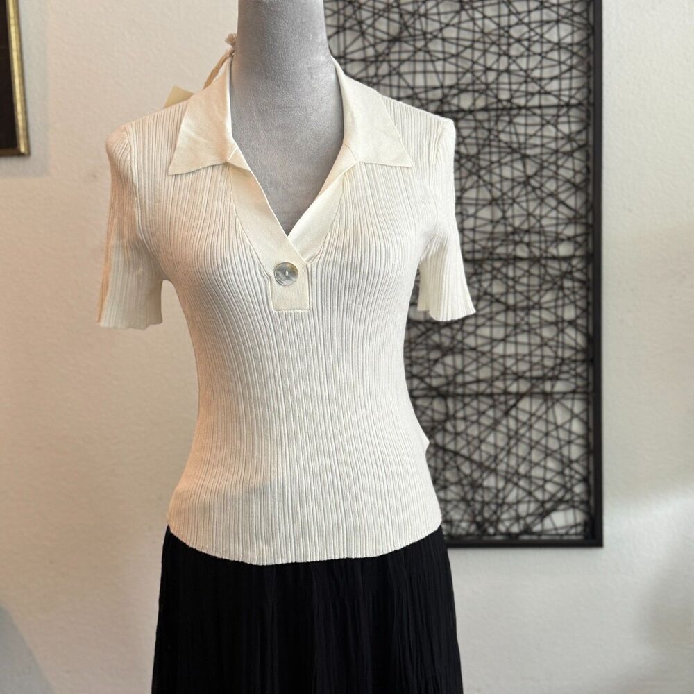 Marled Women's S Ribbed Polo Top Ivory Egret Short Sleeve Knit NWT